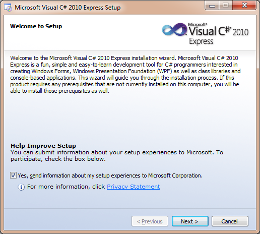 Visual Studio Express Welcome screen